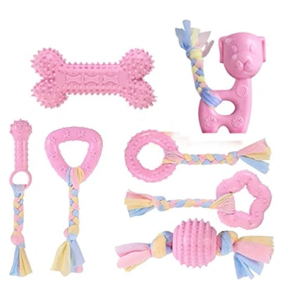 Image of CAMITER Dog Chew Toys, 7pcs Puppies Teething Chewing Toy Set with Ball and Colorful Ropes, Interactive Pet Toys for Small Medium Dogs (pink)