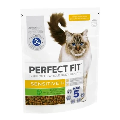 Image of Perfect Fit Sensitive Adult 1+ Complete Dry Cat Food for Cats Aged Years, Rich in Turkey, 4 Bags (750 g)