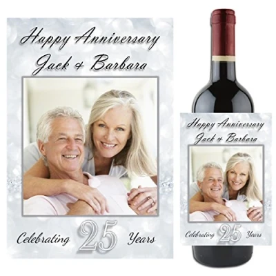 Image of Personalised Silver 25th Wedding Anniversary Wine/Champagne Bottle Photo Label Gift Present Idea N90