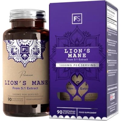 Image of FS Lions Mane High Strength Supplement 90 Capsules 1000mg per Serving Lion&#039;s Mushroom Complex Non GMO, Gluten &amp; Allergen Free Made in The UK