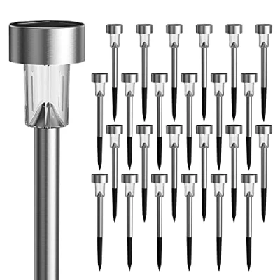 Image of GIGALUMI 24 Pack Solar Path Lights Outdoor,Solar Outdoor Waterproof,Stainless Steel LED Landscape Lighting,Solar Garden for Driveway,Pathway,Patio,Yard, Cold White