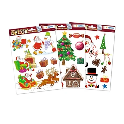 Image of HERMA 25 Christmas Santa Snowman Reindeer Tree Stickers for Windows, Reusable Xmas Decorations, Large Wall Decals Window Clings Kids and Children