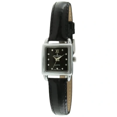 Image of Peugeot Women&#039;s Small Square Case Crystal Marker Genuine Leather Strap Watch, Black, Small, Petite, Quartz Movement