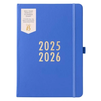 Image of Busy B A5 Weekly Diary Mid Year Academic Planner Aug &#039;25 &#039;26 Saphire Blue Vegan Leather Cover Week to View with Stickers, Pen Loop &amp; List Pad