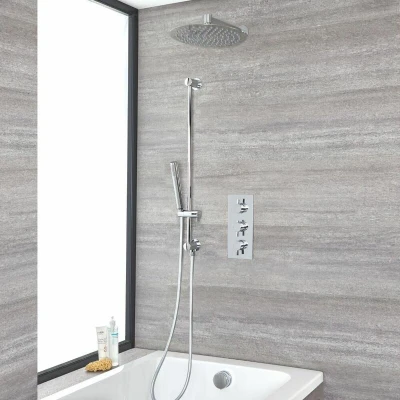 Image of Mirage Modern 3 Outlet Triple Thermostatic Mixer Shower Valve with Wall Mounted 300mm Round Rainfall Head Hand Handset Slide Rail Bar