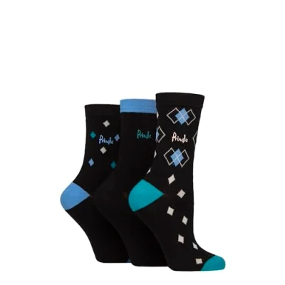 Image of Women&#039;s 3 Pair Pringle Patterned Cotton Socks Black Argyle 4 8