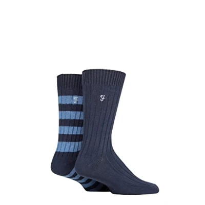 Image of Mens 2 Pair Farah Bamboo Boot Socks Navy / Blue 6 11