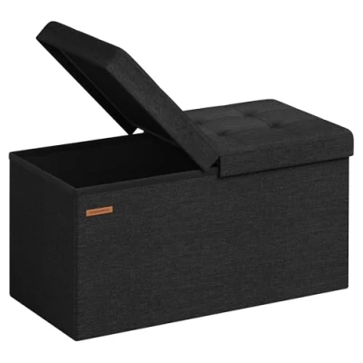 Image of SONGMICS Storage Ottoman, Foldable Bench, 38 x 76 cm, Flipping Lid, 300 kg Load Capacity, for Hallway, Living Room, Bedroom, Ink Black LSF046B51