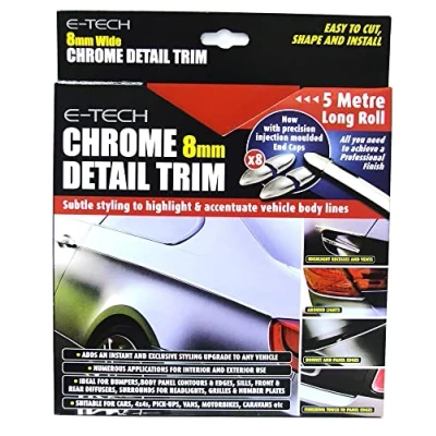 Image of E Tech 8mm 5 Meter Chrome Car Body Bumper Door Lights Grill Detail Trim Protection Adhesive Styling Strip With End Caps Kit