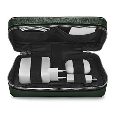 Image of Woolnut Full Grain Leather Tech Pouch Organizer for Apple Accessories Green/Travel Cable Organiser Bag and Power Bank Case Mens Travel Gadgets with Storage