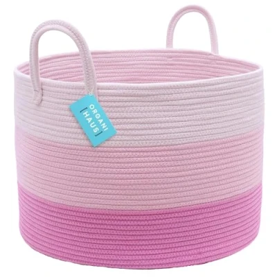 Image of OrganiHaus Pink Baby Basket with Handle, Toy for Kids, Washing Basket, Clothes Hamper, Rope Storage Large Laundry Baskets, Woven Blanket Storage, (50x33cm)
