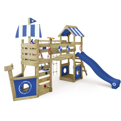 Image of WICKEY Wooden climbing frame StormFlyer with swing set &amp; blue slide, Outdoor kids playhouse sandpit, ladder play accessories for the garden
