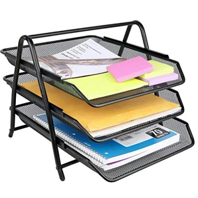 Image of Greenco Letter Tray Desk Organizer, 3 Tier Mesh Paper Tray, Document, Letter, Office Black