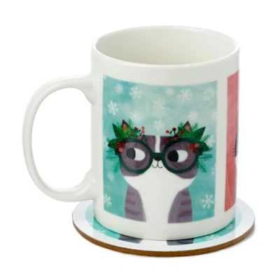 Image of Puckator Angie Rozelaar Planet Cat Xmas Porcelain Tea Coffee Mug &amp; Coaster Set Funny Home Accessories Cute Gifts for Girlfriend Large Mugs Men Women Hot Drinks Cups Presents Secret Santa Gift