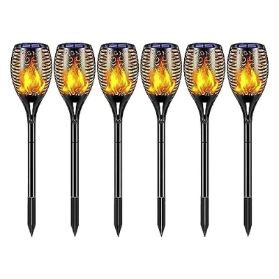Image of Easylife Solar Garden Lights, Pack of 6, Flickering Flame Effect, Powered Torches for Garden, Weather Resistant Outdoor Lighting H52cm x Dia7cm Fully Guaranteed Purple Size 4 9