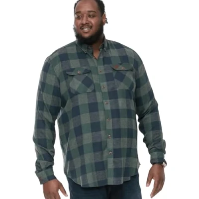 Image of D555 Long Sleeve Check Overshirt for Men with Button Down Collar in Navy/Green, 4XL