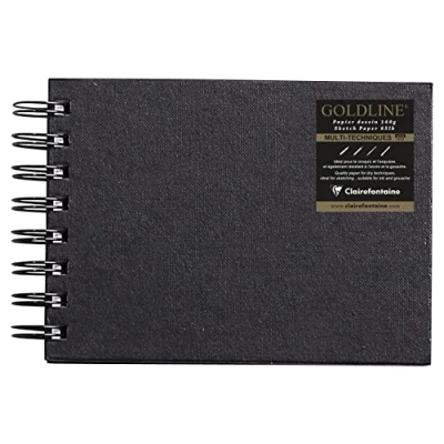 Image of Clairefontaine Ref 34259C Goldline Wirebound Pad (64 White Sheets) A6 Size, 140gsm Paper, Landscape Layout Black Cover Suitable for Dry Techniques
