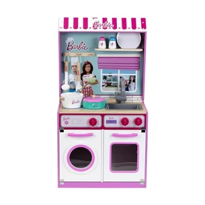 Image of Theo Klein 7312 Barbie wood kitchen with integrated dollhouse 2 in 1 I play stove, washing machine and accessories dimensions: 45 cm x 40 85 Toys for children aged 3 over