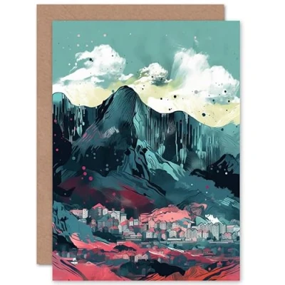 Image of Artery8 Town Below Tall Mountain Cliffs Coral And Teal Travel Birthday Sealed Greeting Card Plus Envelope Blank inside