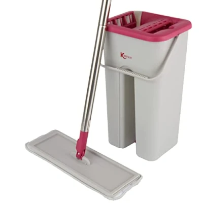 Image of Kleeneze Mop and Bucket Set Microfibre Flat Head Mop, with Built in Wringer &amp; Dirt Removing Scraper, Machine Washable Pad, Compact Space Saving Cleaning Set, 180 Swivel Head, KL062253EU