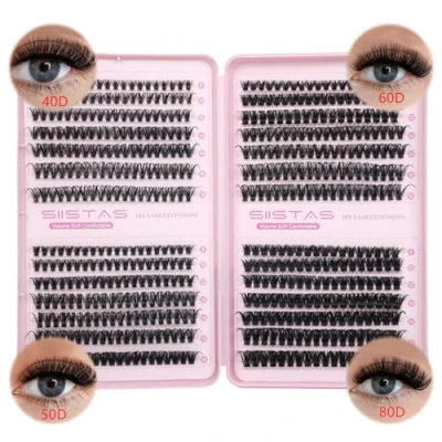 Image of SIISTAS Individual lashes, Cluster Lashes Extensions 624PCS Fluffy Eyelashes DIY Eyelash 8 16MM Russian D Curl Natural Soft Lash Extension at Home(40+50+60+80)