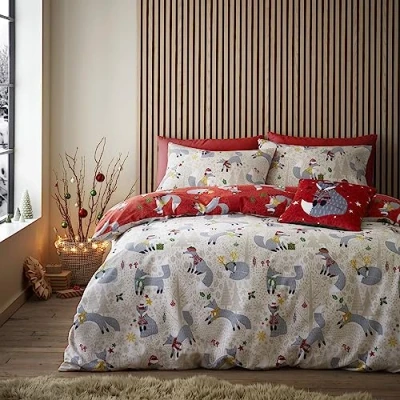 Image of Fusion Christmas Fox Duvet Cover King Bedding Size (230 x 220cm) Reversible (2 Colours) 2x Pillowcases Woodland Festive Foxes in Natural &amp; Red