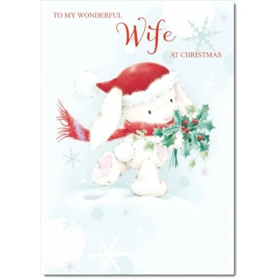 Image of doodlecards Wife Christmas Card Cute Rabbit with Holly Medium Size for Plain Envelope