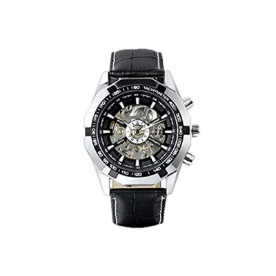 Image of JewelryWe Mens Skeleton Wrist Watch: Classic Mechanical Automatic Watch Black Bezel Dial Leather Band Steampunk Dress for Fathers Day Valentines Birthday