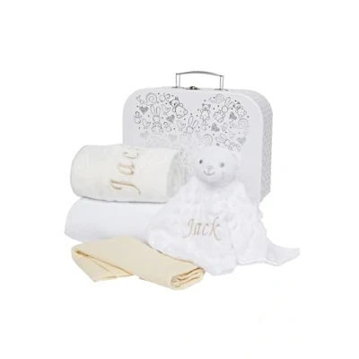 Image of Baby Box Shop Personalised Gift Hamper Unisex Newborn Set in White Keepsake Case with Blanket, Hooded Towel, Milestone Card &amp; Bear Comforter Shower Gifts for Boys or Girls (White)