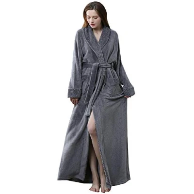Image of KINOW Ladies Cosy Spa Dressing Gown Warm Long Robe Bath Fleece Loungewear Grey XL