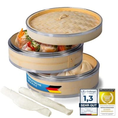 Image of Dimono® Bamboo Steamer with Stainless Steel, 2 Tier Lid, Basket Rice Cooker for Sim Sum Dumplings, Vegetables, Rice, Meat, Fish (Ø 24 cm)