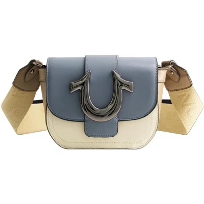 Image of True Religion Women&#039;s Crossbody Bag, Mini Flap Adjustable Shoulder Handbag Purse with Horseshoe Logo, Blue, Blue