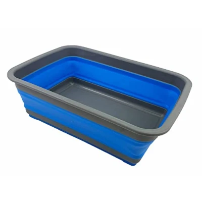 Image of SAMMART 8L Collapsible Tub Foldable Dish Portable Washing Basin Space Saving Plastic Washtub (Grey/Blue, 1)