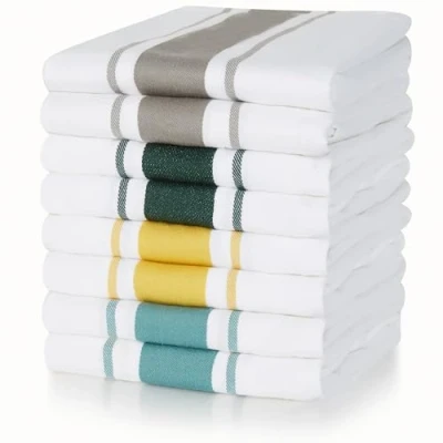 Image of Sticky Toffee 100% Cotton Tea Towel Grey, Forest, Mustard &amp; Teal Stripe Pattern, Pack of 8 Kitchen Set Absorbent, Strong, Quick Dry Machine Washable Home Bathroom Accessories