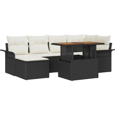 Image of vidaXL 7 Piece Garden Dining Set with Cushions Black Poly Rattan Acacia
