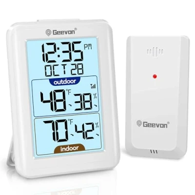 Image of Geevon Digital Hygrometer Indoor Outdoor Thermometer Wireless with Clock, Backlight Temperature Gauge Humidity Monitor, Inside Outside 200ft/60m Range Remote Sensor,White