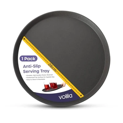 Image of volila Black Round Tray 28 cm (1 Pack) Rubberized Non Slip for Serving Food and Drinks Dishwasher Safe Parties, Gatherings, Bars, Restaurants Home
