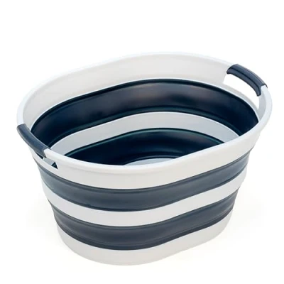 Image of SAMMART 23L Collapsible Plastic Laundry Basket Oval Tub/Basket Foldable Storage Container/Organizer Portable Washing Tub Space Saving Hamper (1, Grey/Slate Grey)