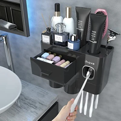 Image of iHave Black Toothbrush Holder Wall Mounted with Automatic Toothpaste Dispenser, 2 Cups Holders Bathroom Decor Drawer, Large Capacity Tooth Brush Accessories