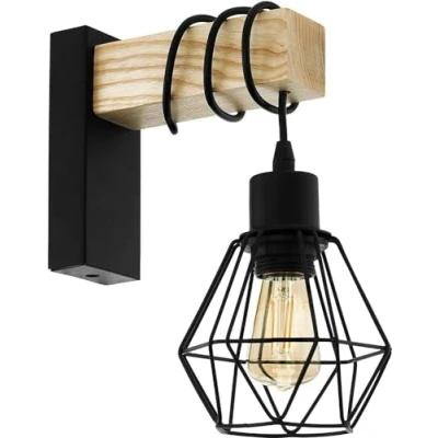 Image of Eglo Wall Light Indoor Townshend 5, Vintage lamp for Bedroom and Living Room, Industrial Design Lighting Fixture, Sconce Made of Black Metal Natural Wood, E27 Socket