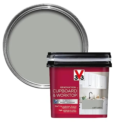 Image of V33 Renovation Cupboard &amp; Worktop Paint Loft Grey 750ml No Undercoat Durable Finish High Resistance To Water, Stains Scratches Washable Resistant Cleaning Products