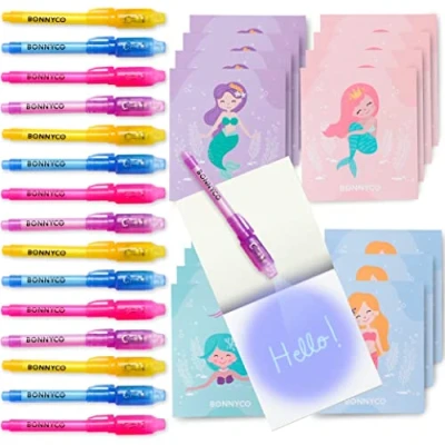 Image of BONNYCO Invisible Ink Pen and Notebook, Pack 16 Mermaid Party Bags Filler &amp; Pinata Toys Birthday Decorations Stocking Fillers for Kids School Prizes Gifts Children