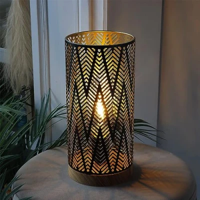 Image of JHY DESIGN Table Lamp Battery Powered with LED Bulb 6 Hour Timer, 28.5cm High Cordless Lightning Patterned for Wedding Bedside Patio Garden (with Wooden Base)