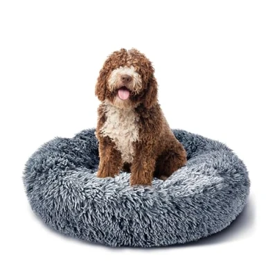 Image of Pet Bed, Dog Cat Fluffy Calming Washable, Soft Plush Anti Anxiety, Grey (Small)
