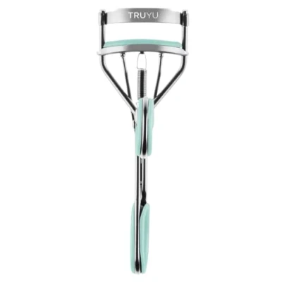 Image of Truyu Eyelash Curler Light Blue Spring Action for Long Lasting, Extra Wide Curl, Comes with Two Replacement Silicone Pads.