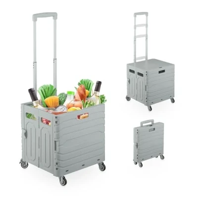 Image of Relaxdays Foldable Shopping Trolley, Collapsible Basket on Wheels, up to 35 kg Capacity, with Telescopic Handle, Grey, Iron, 102 x 42 38 cm