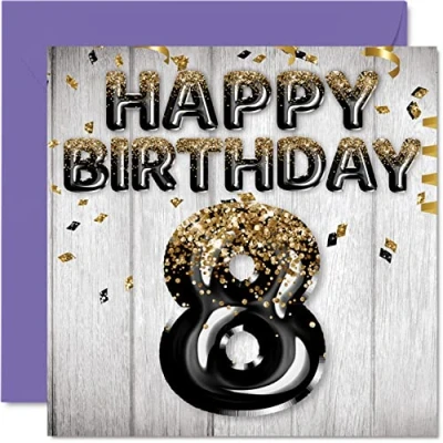 Image of 8th Birthday Card for Boys Black &amp; Gold Glitter Balloons Happy Cards 8 Year Old Boy Son Brother Grandson Cousin, 145mm x Eight Eighth Bday Greeting Gift
