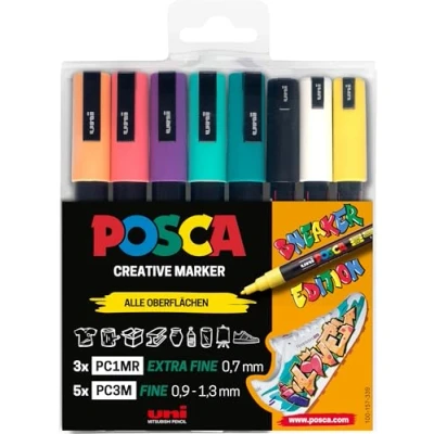 Image of uni ball 186827 Posca Marker Set Sneaker Pens 8 Case Opaque on Light Surfaces