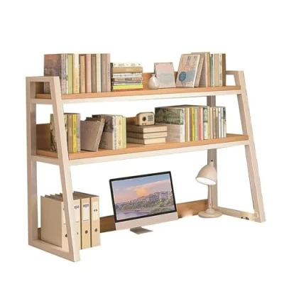 Image of Desktop Bookshelf for Computer Desk Trapezoidal Bookcase, 2 Tier Multipurpose Countertop Hutch Bookshelf, Office Magazine Books CD Display Rack, Open Home Spice Storage Rack(White,115X32X90C