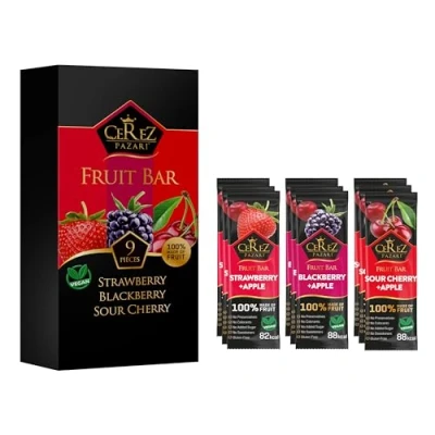 Image of Cerez Pazari Dried Fruit Roll Ups, 25g x 9 Pack Snacks Variety for Adults and Kids, Healthy Bulk, Vegan Real Bars, with Strawberry, Blackberry Sour Cherry